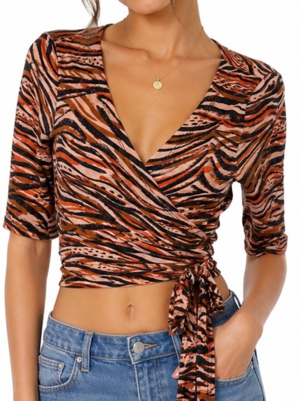 Daily Practice Anthropologie Medium Animal Print Wrap Crop Top Tie Waist